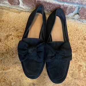 Asos black suede leather bow top square‎ toe slip on loafers